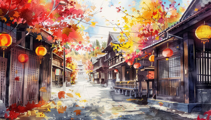 Wall Mural - A painting of a street with lanterns hanging from the buildings