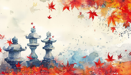 Wall Mural - A painting of a Japanese garden with four lanterns and a lot of red leaves