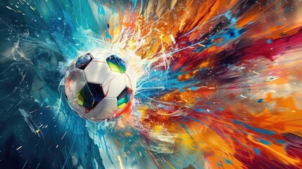 Abstract artistic explosion of soccer fever with a ball as countries meet in a vibrant wallpaper poster for the EM 2024 tournament