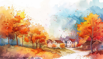Wall Mural - A painting of a rural scene with a house and trees in autumn