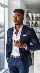 Canvas Print - Male model engaged in a networking conversation at a stylish cocktail event hosted within the office space