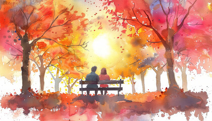Wall Mural - A couple is sitting on a bench in a park, with the sun setting in the background