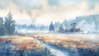 Wall Mural - A painting of a foggy countryside with a house and a barn