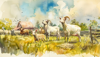 Wall Mural - A group of animals, including sheep and goats, are grazing in a field