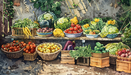 Wall Mural - A painting of a fruit stand with a variety of fruits including apples, oranges