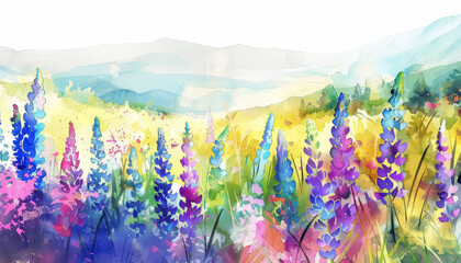 a painting of a field of flowers with a blue sky in the background