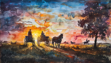 Wall Mural - Two horses pulling a wagon in a rural setting