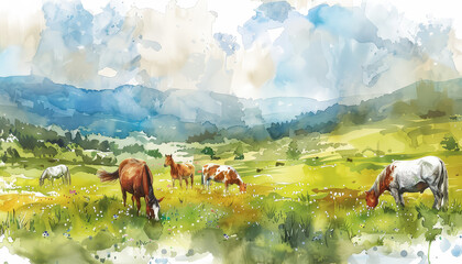 Wall Mural - A group of cows are standing in a field