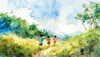 Wall Mural - Three children are running through a grassy field