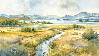 Wall Mural - A painting of a lake with a forest in the background