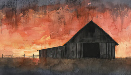 Wall Mural - A red barn with a white roof sits in a field