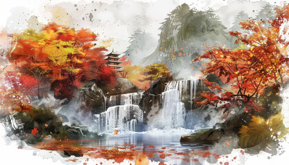 Wall Mural - A waterfall is surrounded by trees and a building in the background