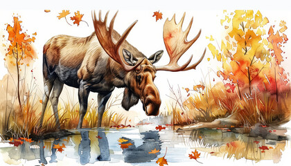 A brown and white moose is standing in a pond