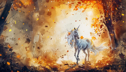 Wall Mural - A unicorn is standing in a field of yellow leaves