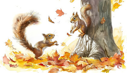 Wall Mural - Two squirrels are playing in the leaves of a tree