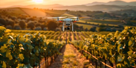 Wall Mural - Utilizing Drones for Sustainable Agriculture Monitoring Crops, Spraying, and Managing Vineyards. Concept Precision Farming, UAV Technology, Crop Monitoring, Sustainable Agriculture