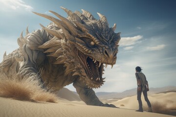 A huge dragon in the desert scares a man. A fantastic fabulous animal