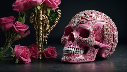 Wall Mural - A human, pink skull, richly decorated with precious stones