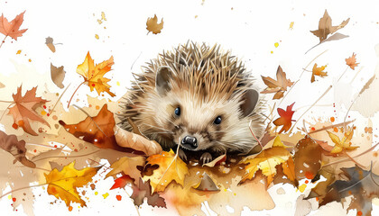 Wall Mural - A hedgehog is laying on a pile of autumn leaves