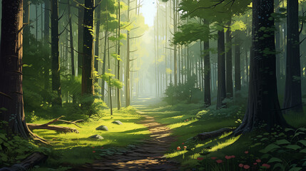 Wall Mural - Sunlit Forest Trail Green Canopy Natural Beauty