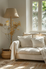Leinwandbilder - Simple and serene lounge area featuring a beige couch and a minimalist floor lamp,