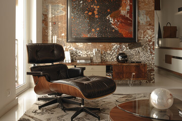 Leinwandbilder - Elegant lounge zone with a black leather chair, a glass coffee table, and abstract wall art,