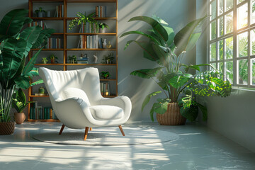 Leinwandbilder - Clean and simple lounge zone featuring a white armchair and a minimalist bookshelf,