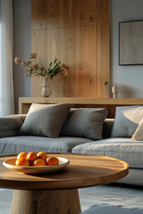 Leinwandbilder - Minimal aesthetic lounge area with a sleek gray sofa and a wooden coffee table,
