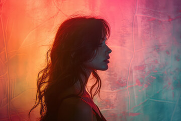Aufkleber - Silhouette of a woman with long flowing hair against a minimalist pastel background,
