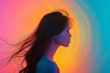 Poster - Silhouette of a woman with long flowing hair against a minimalist pastel background,