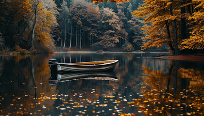 Wall Mural - A small boat is floating on a lake with leaves on the water