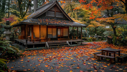 Wall Mural - A small house with a porch and a table sits in a yard full of fallen leaves