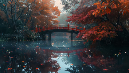 Wall Mural - A bridge over a river with red leaves on the trees