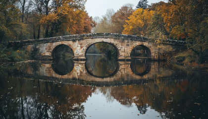 Wall Mural - A bridge spans a river with a reflection of the bridge in the water