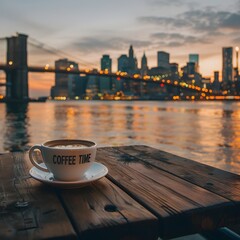 Poster - Cozy Coffee Break with City Skyline Backdrop at Dusk