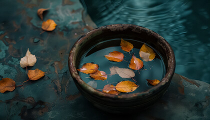 Wall Mural - A bowl of water with leaves floating in it