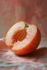 Poster - Elegant shot of a partially eaten peach against a soft beige backdrop,
