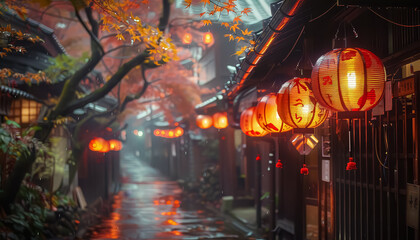 Wall Mural - A street with lanterns hanging from the buildings