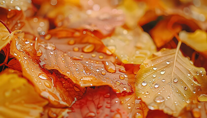 Wall Mural - A pile of autumn leaves with raindrops on them