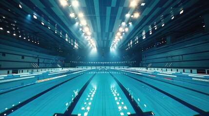 Wall Mural - An empty olympic size swimming pool with bright lights reflecting off the water