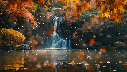 Wall Mural - A waterfall is surrounded by trees and leaves, creating a serene