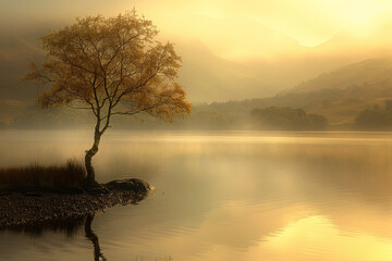 Wall Mural - A solitary tree standing by a calm lake at dawn, with gentle mist rising and the first light of day casting a golden glow, evoking a sense of peace and tranquility. 