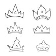 © Hand Drawn Icon - Set of Hand drawn doodle King crown sketches or majestic tiara, queen royal diadems. Line art prince and princess luxurious crowns head accessories isolated on white background, vector.