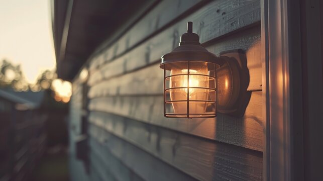 An outdoor light on the side wall of a garage, taken during the evening with natural lighting, illuminating and casting warm light over part of one door.