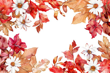Wall Mural - A watercolor painting of a flowery border with a large red flower in the center