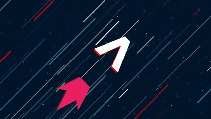 Wall Mural - Greater symbol flies through the universe on a jet propulsion. The symbol in the center is shaking due to high speed. Seamless looped 4k animation on dark blue background with stars