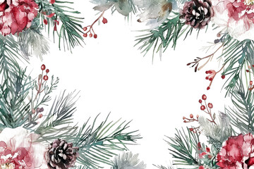 Wall Mural - A watercolor painting of a Christmas tree with red flowers and pine cones
