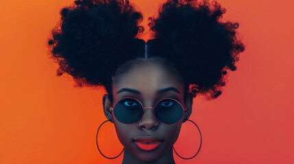 A woman with red lipstick and a pair of hoop earrings. She has a puffy hairstyle and is standing in front of a blue background. black woman with two afro puffs