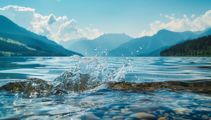 Wall Mural - A splash of water in a lake with mountains in the background