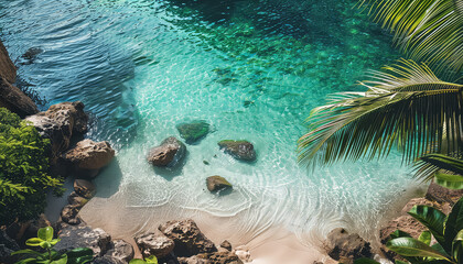 Wall Mural - A beautiful beach with a clear blue ocean and a palm tree